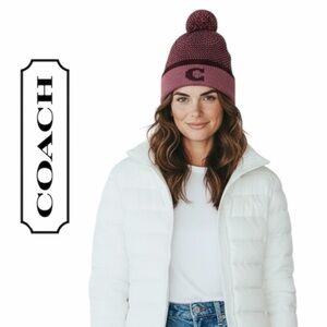 Coach Women's Color Block Wool Blend Pink Knit Pom Pom Hat